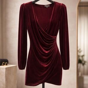 Fashion Nova Burgundy Velvet Long-Sleeve Draped Mini Dress